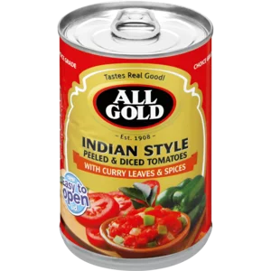 All Gold Indian Style Peeled & Diced Tomatoes With Curry Leaves & Spices 410g All Gold Indian Style Peeled & Diced Tomatoes With Curry Leaves & Spices 410g