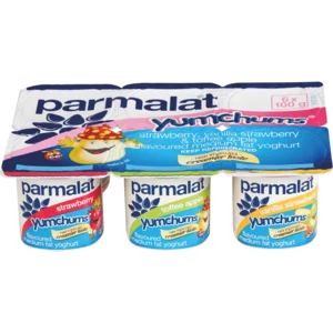 Parmalat Yumchums Smooth Medium Fat Strawberry/Toffee Apple/Vanilla Strawberry Multipack Yoghurt 6x100g Parmalat Yumchums Smooth Medium Fat Strawberry/Toffee Apple/Vanilla Strawberry Multipack Yoghurt 6x100g