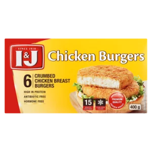 I&J Frozen Crumbed Chicken Breast Burger Patties 400g