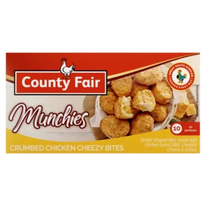County Fair Munchies Frozen Crumbed Chicken Cheezy Bites 350g County Fair Munchies Frozen Crumbed Chicken Cheezy Bites 350g