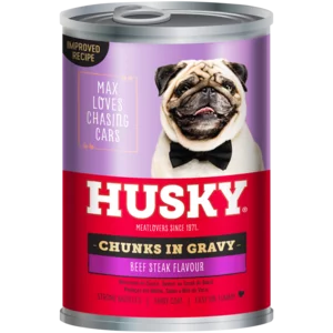 Husky Beef Steak Flavoured Chunks In Gravy Dog Food Can 385g Husky Beef Steak Flavoured Chunks In Gravy Dog Food Can 385g