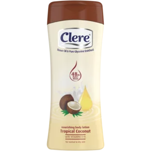 Clere Tissue Oil & Pure Glycerine Enriched Tropical Coconut Nourishing Hand & Body Lotion Bottle 400ml Clere Tissue Oil & Pure Glycerine Enriched Tropical Coconut Nourishing Hand & Body Lotion Bottle 400ml