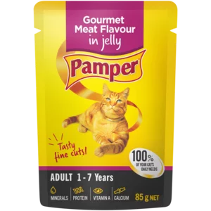 Pamper Gourmet Meat Flavoured Adult Cat Food In Jelly Pouch 85g Pamper Gourmet Meat Flavoured Adult Cat Food In Jelly Pouch 85g