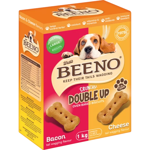Beeno Double Up Bacon & Cheese Flavoured Crunchy Dog Biscuits 1kg Beeno Double Up Bacon & Cheese Flavoured Crunchy Dog Biscuits 1kg