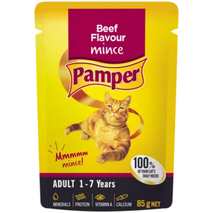 Pamper Beef Flavoured Minced Adult Cat Food Pouch 85g