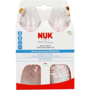 NUK First Choice Pink & Clear Anti Colic Wide Neck Bottle 2x300ml
