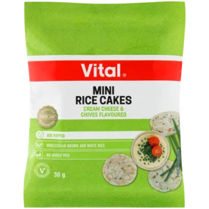 Vital Cream Cheese & Chives Flavoured Mini Rice Cakes Bag 30g Vital Cream Cheese & Chives Flavoured Mini Rice Cakes Bag 30g