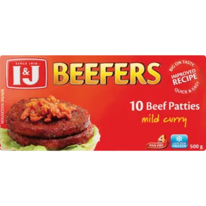 I&J Beefers Frozen Mild Curry Flavoured Beef Burger Patties 500g I&J Beefers Frozen Mild Curry Flavoured Beef Burger Patties 500g