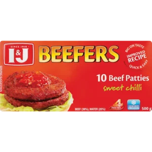 I&J Beefers Frozen Sweet Chilli Flavoured Beef Burger Patties 500g