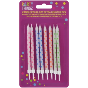 Party Thingz Multicoloured Polka Dot Extra Length Cake Candles 8 Pack
