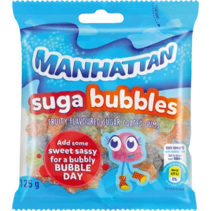Manhattan Fruity Flavoured Suga Bubbles 125g Manhattan Fruity Flavoured Suga Bubbles 125g