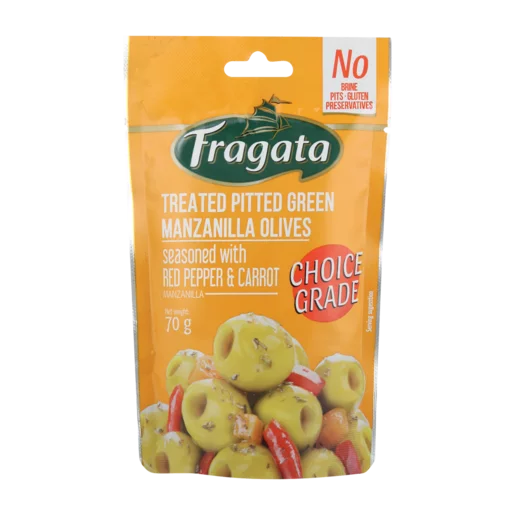 Fragata Treated Pitted Green Manazanilla Olives 70g Fragata Treated Pitted Green Manazanilla Olives 70g