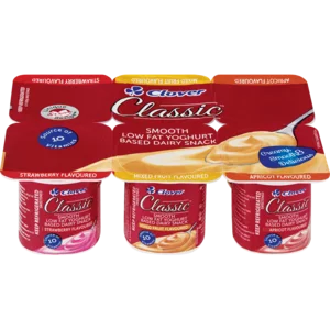 Clover Classic Mixed Fruit, Apricot & Strawberry Flavoured Low Fat Yoghurt Dairy Snack 6x100g Clover Classic Mixed Fruit, Apricot & Strawberry Flavoured Low Fat Yoghurt Dairy Snack 6x100g