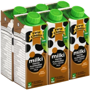 First Choice Milki Toffee Flavoured Full Cream Milk 6x250ml First Choice Milki Toffee Flavoured Full Cream Milk 6x250ml