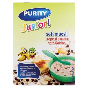Purity Junior Tropical Flavoured Soft Muesli With Raisins 350g Purity Junior Tropical Flavoured Soft Muesli With Raisins 350g