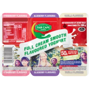 Fair Cape Full Cream Smooth Strawberry/Blueberry/Vanilla Flavoured Yoghurt 6x100g