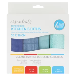 Essentials Assorted Microfibre Kitchen Cloths 4 Pack