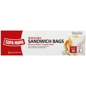 Supa Mama Large Resealable Sandwich Bags With Clickfresh Double Zipper 30 Pack Supa Mama Large Resealable Sandwich Bags With Clickfresh Double Zipper 30 Pack