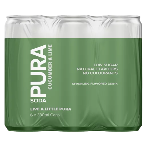 Pura Soda Cucumber & Lime Flavoured Sparkling Drink Cans 6x330ml Pura Soda Cucumber & Lime Flavoured Sparkling Drink Cans 6x330ml