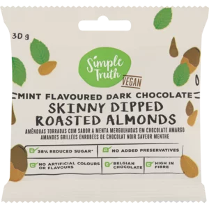 Simple Truth Vegan Mint Flavoured Dark Chocolate Skinny Dipped Roasted Almonds 30g Simple Truth Vegan Mint Flavoured Dark Chocolate Skinny Dipped Roasted Almonds 30g
