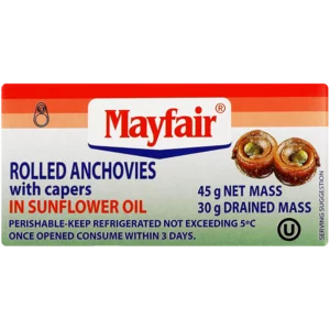 Mayfair Rolled Anchovies & Capers In Sunflower Oil Can 45g Mayfair Rolled Anchovies & Capers In Sunflower Oil Can 45g