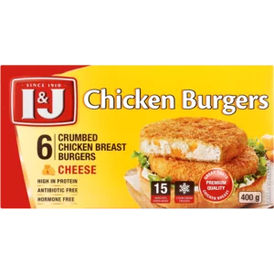 I&J Frozen Crumbed Chicken Breast Burgers With Cheese 400g I&J Frozen Crumbed Chicken Breast Burgers With Cheese 400g