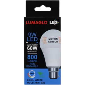 Lumaglo Cool White Motion Sensor A60/B22 LED Globe 9W