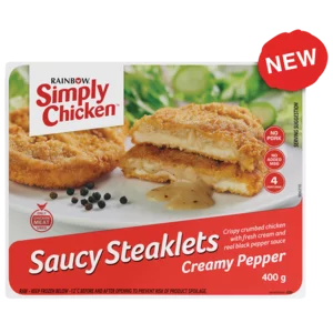 Rainbow Simply Chicken Saucy Steaklets Creamy Pepper 400g Rainbow Simply Chicken Saucy Steaklets Creamy Pepper 400g