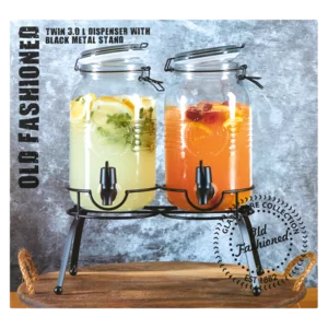 Old Fashioned Twin Dispenser With Black Metal Stand 3 Piece Old Fashioned Twin Dispenser With Black Metal Stand 3 Piece