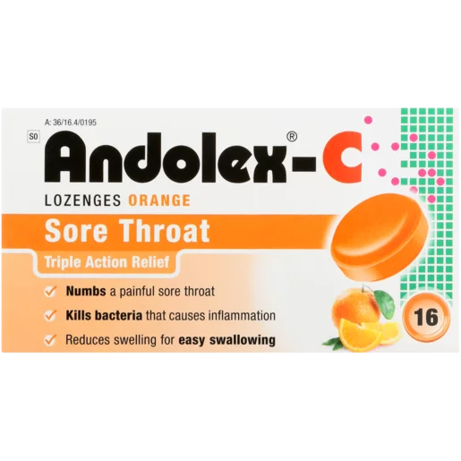 Andolex-C Orange Flavoured Sore Throat Lozenges 16 Pack Andolex-C Orange Flavoured Sore Throat Lozenges 16 Pack