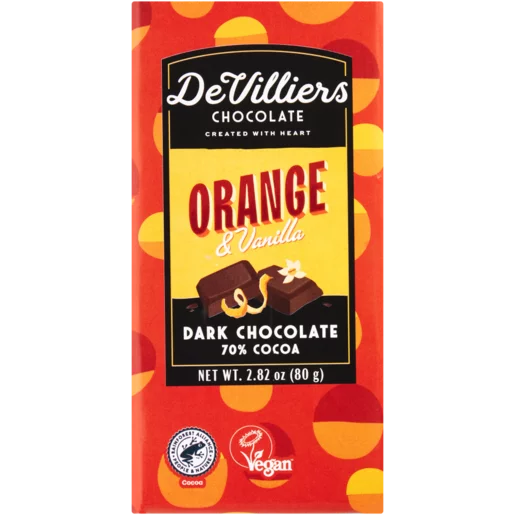 De Villiers Orange & Vanilla Flavoured 70% Dark Chocolate Slab 80g De Villiers Orange & Vanilla Flavoured 70% Dark Chocolate Slab 80g