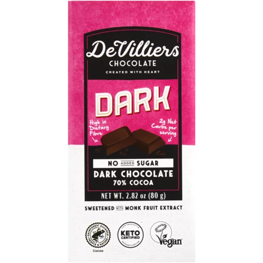 De Villiers No Added Sugar 70% Dark Chocolate Slab 80g De Villiers No Added Sugar 70% Dark Chocolate Slab 80g
