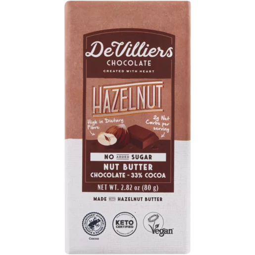 De Villiers Hazelnut Flavoured No Added Sugar 33% Nut Butter Chocolate Slab 80g