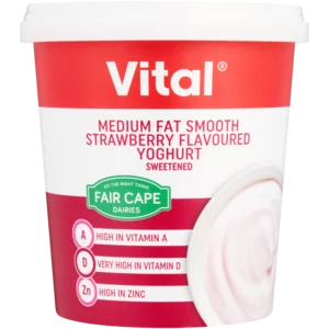 Fair Cape Vital Smooth Strawberry Flavoured Medium Fat Yoghurt Tub 1kg Fair Cape Vital Smooth Strawberry Flavoured Medium Fat Yoghurt Tub 1kg