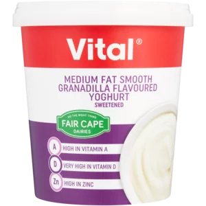 Fair Cape Vital Smooth Granadilla Flavoured Medium Fat Yoghurt Tub 1kg Fair Cape Vital Smooth Granadilla Flavoured Medium Fat Yoghurt Tub 1kg