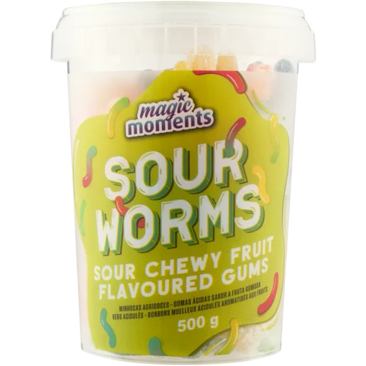 Magic Moments Sour Worms Sour Chewy Fruit Flavoured Gums 500g Magic Moments Sour Worms Sour Chewy Fruit Flavoured Gums 500g