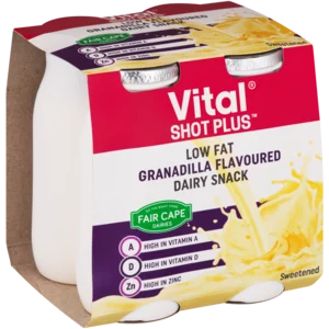 Fair Cape Vital Shot Plus Low Fat Granadilla Flavoured Dairy Snack Bottles 4x100ml Fair Cape Vital Shot Plus Low Fat Granadilla Flavoured Dairy Snack Bottles 4x100ml