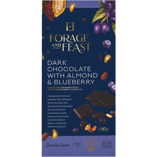Forage And Feast Almond & Blueberry Dark Chocolate Slab 100g Forage And Feast Almond & Blueberry Dark Chocolate Slab 100g