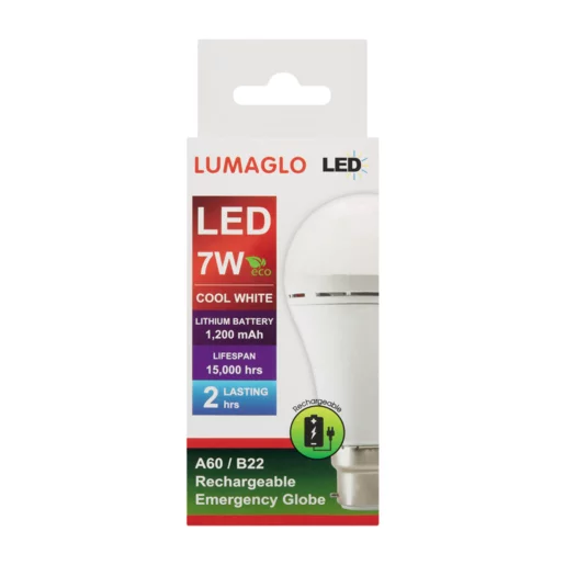 Lumaglo Cool White Rechargeable Emergency A60/B22 LED Globe 7W