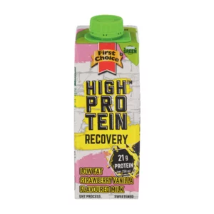 First Choice High Protein Recovery Strawberry Vanilla Flavoured Low Fat Milk 250ml First Choice High Protein Recovery Strawberry Vanilla Flavoured Low Fat Milk 250ml