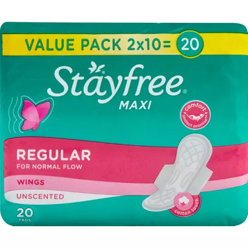Stayfree Sanitary Pads Maxi Regular Thick Wings Unscented Pack Of 20
