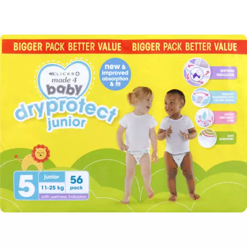 Made 4 Baby Dryprotect Junior Nappies Size 5 56's Made 4 Baby Dryprotect Junior Nappies Size 5 56's