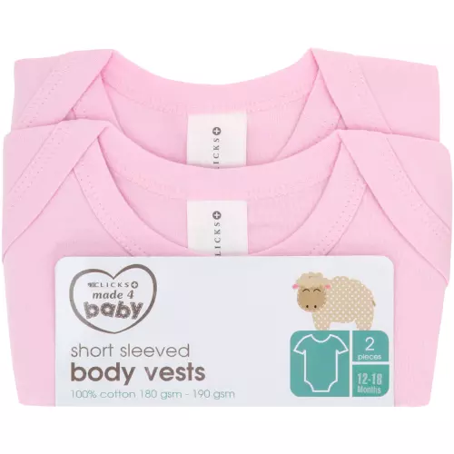 Made 4 Baby 2 Pack Short Sleeve Body Vest Pink 12-18M Made 4 Baby 2 Pack Short Sleeve Body Vest Pink 12-18M