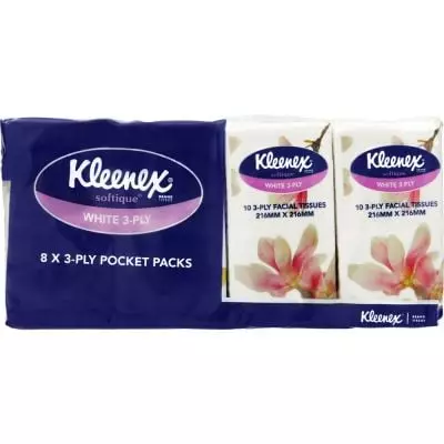 Kleenex Softique Pocket Packs White 3 Ply 8's Kleenex Softique Pocket Packs White 3 Ply 8's