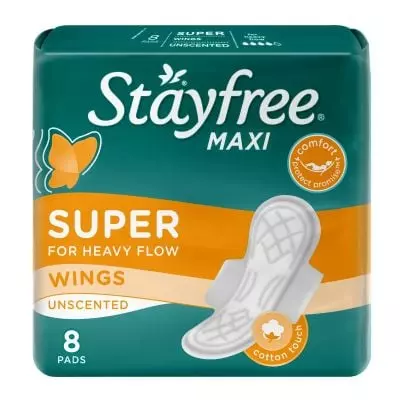 Stayfree, Sanitary Pads, Maxi, Super, Thick, Wings, Unscented, Pack Of 8