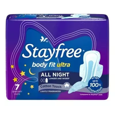 Stayfree, Sanitary Pads, Body Fit Ultra, All Night, Lightly Fragranced, Pack Of 7