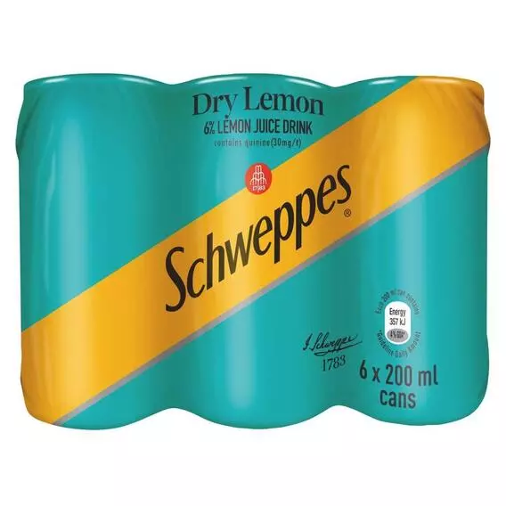 Schweppes Dry Lemon Soft Drink Can 6 Pack 200ml Schweppes Dry Lemon Soft Drink Can 6 Pack 200ml