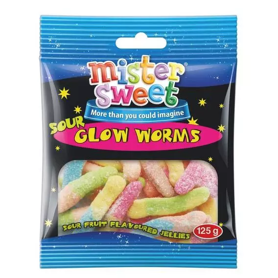 Mister Sweet Sweets Packet Sour Glow Worms 125g Mister Sweet Sweets Packet Sour Glow Worms 125g