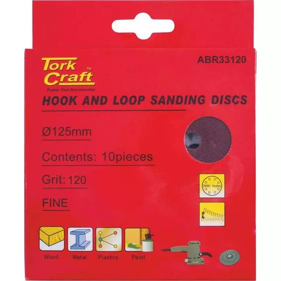 Tork Craft 10Pc 120Grit Sand Disc w/ Holes H&L Tape ABR33120 Tork Craft 10Pc 120Grit Sand Disc w/ Holes H&L Tape ABR33120