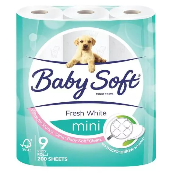 Baby Soft 2 Ply Mini Toilet Rolls White 9 Pack